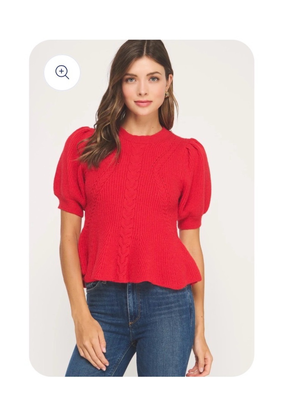 Strut & Bolt Flared Puff Sleeve Knit Top Red Cable Knit Size Medium Round Neck